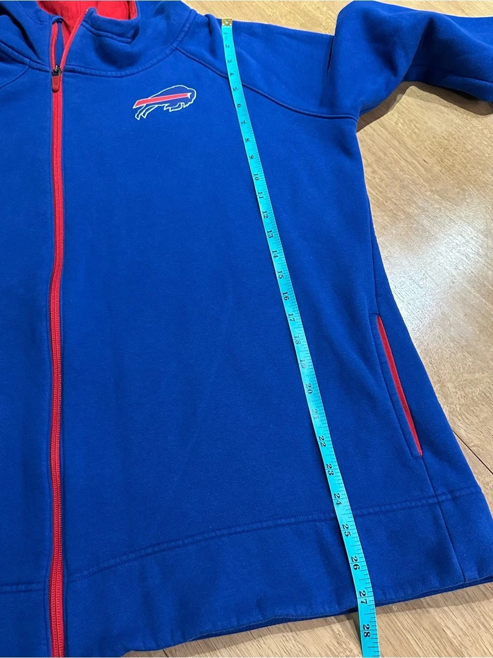 Nike Blue Buffalo Bills Assymetrical Zipper Hoodie with Red Trim Women’s Large